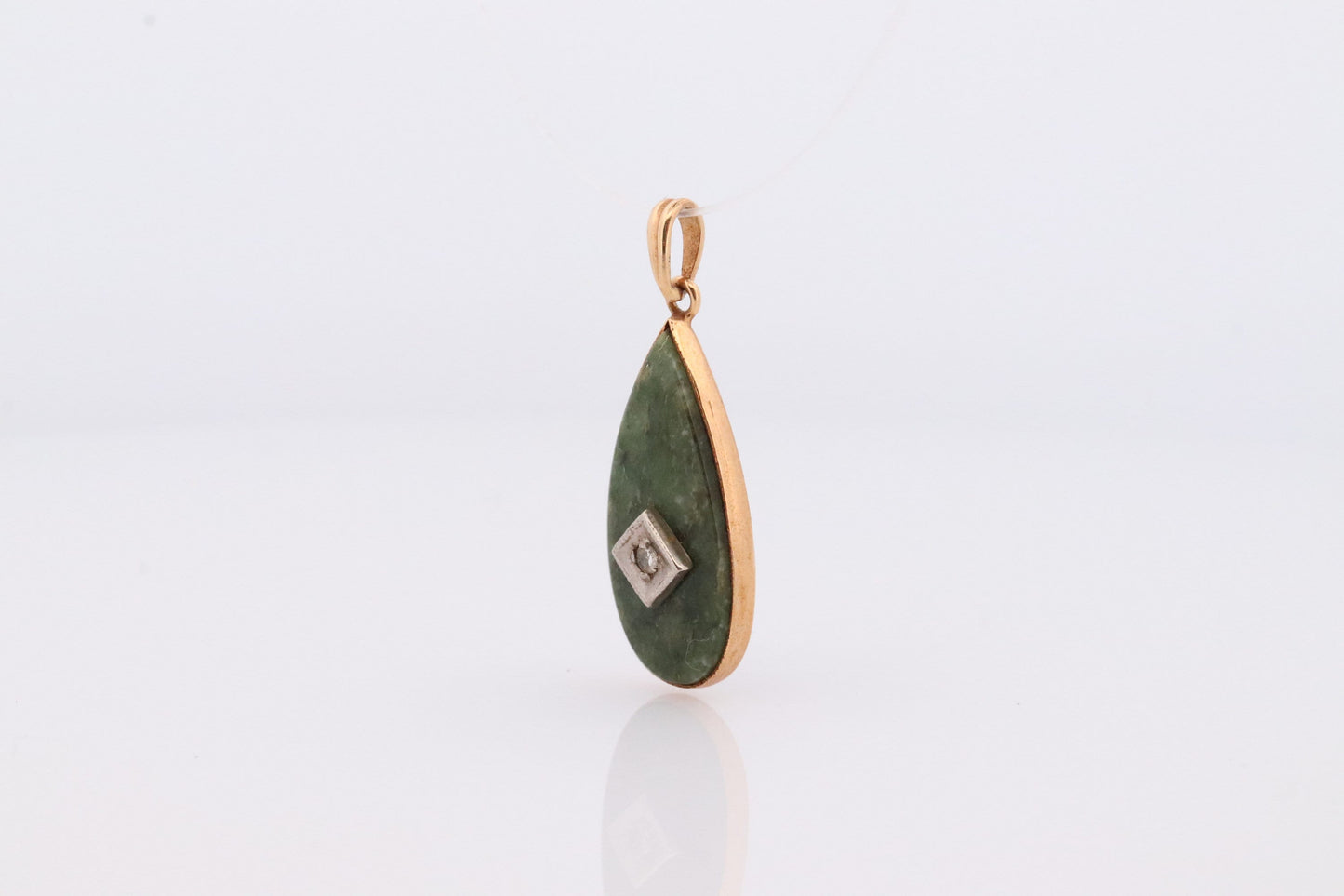 14k Jade and Diamond Pendant. Budlong, Docherty & Armstrong BDA Art Deco Tear Pendant for a necklace. Pear Jade Diamond Pendant.