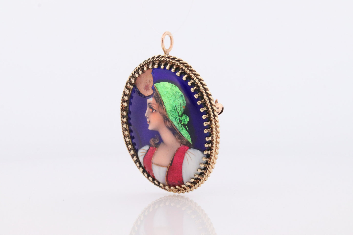 14k French Brooch Pendant. LIMOGES Woman portrait Enamel with 14k Yellow Gold Border. French Paillon.