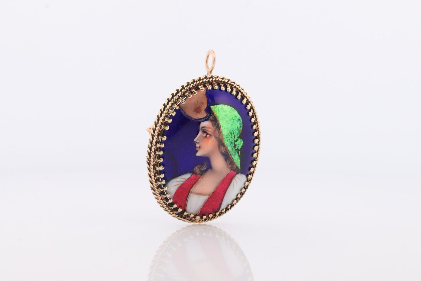 14k French Brooch Pendant. LIMOGES Woman portrait Enamel with 14k Yellow Gold Border. French Paillon.