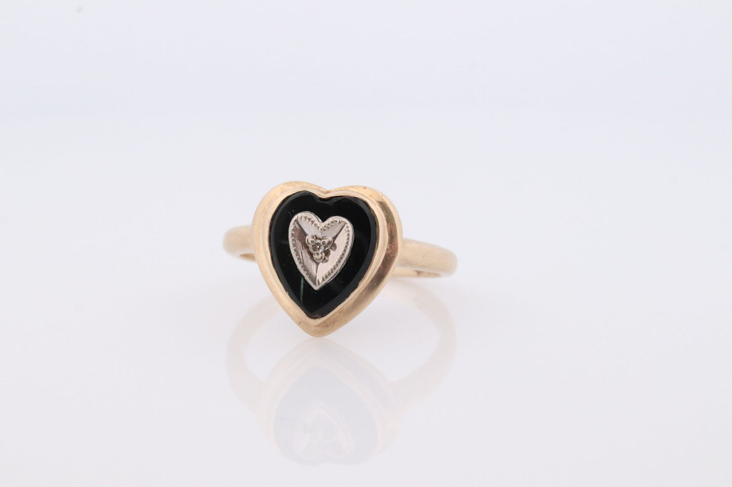 10k ONYX and diamond HEART ring. Heart Onyx bezel set victorian mourning ring. Mason 10k Ring.