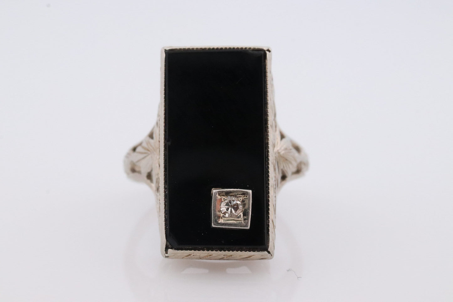 Art Deco Onyx and Diamond Ring. 14k Yellow Gold Rectangle Onyx and Diamond ring. Mourning ring. Filigree white gold.