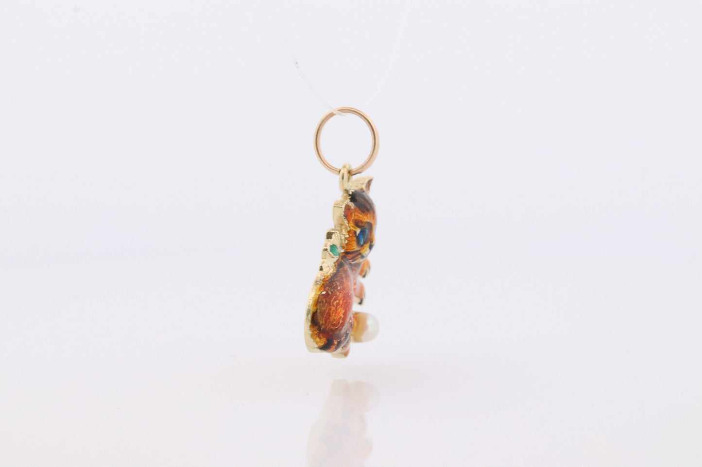 14k Cat Pendant. Enamel Detailed and Colorful Kitten with a pearl Pendant. Yellow Gold Playful Kitten Pendant. Kitten 14k Charm