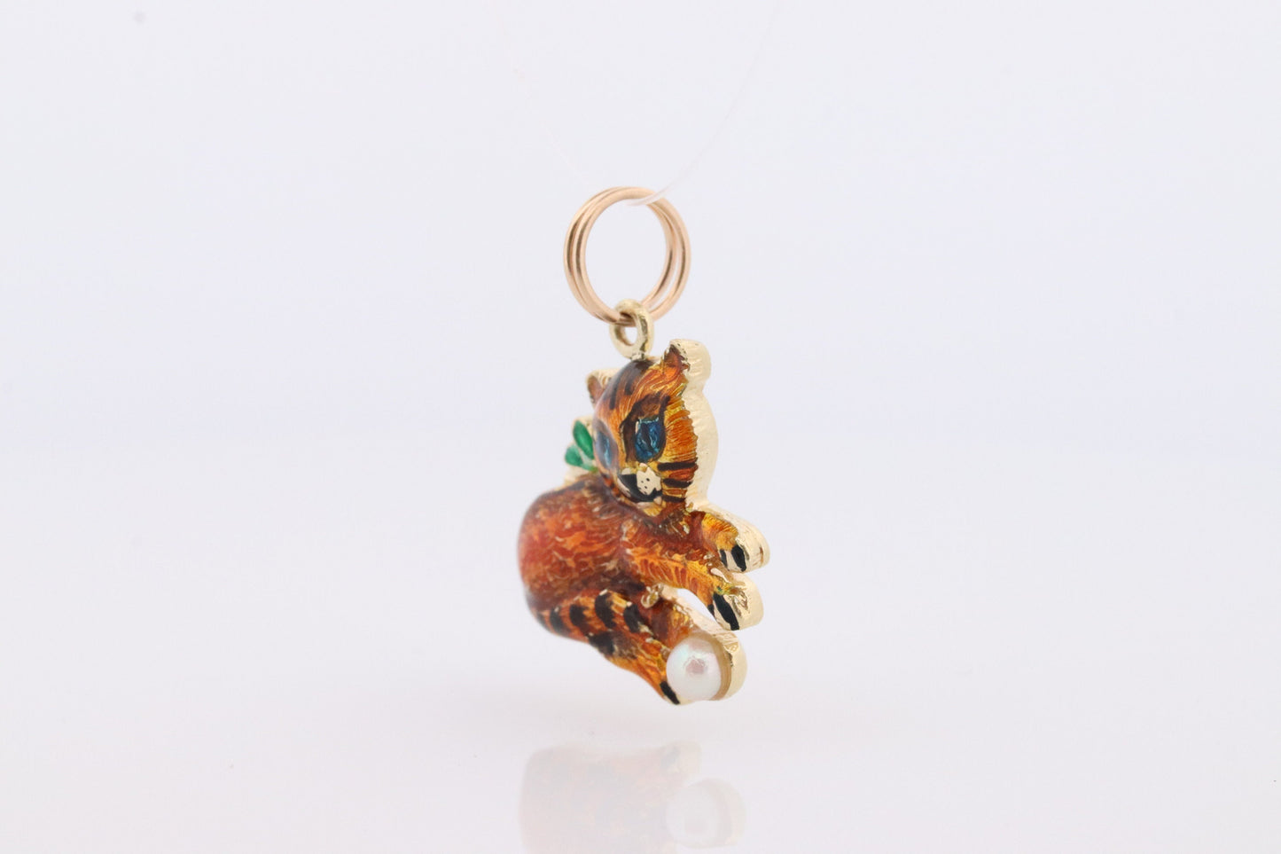 14k Cat Pendant. Enamel Detailed and Colorful Kitten with a pearl Pendant. Yellow Gold Playful Kitten Pendant. Kitten 14k Charm