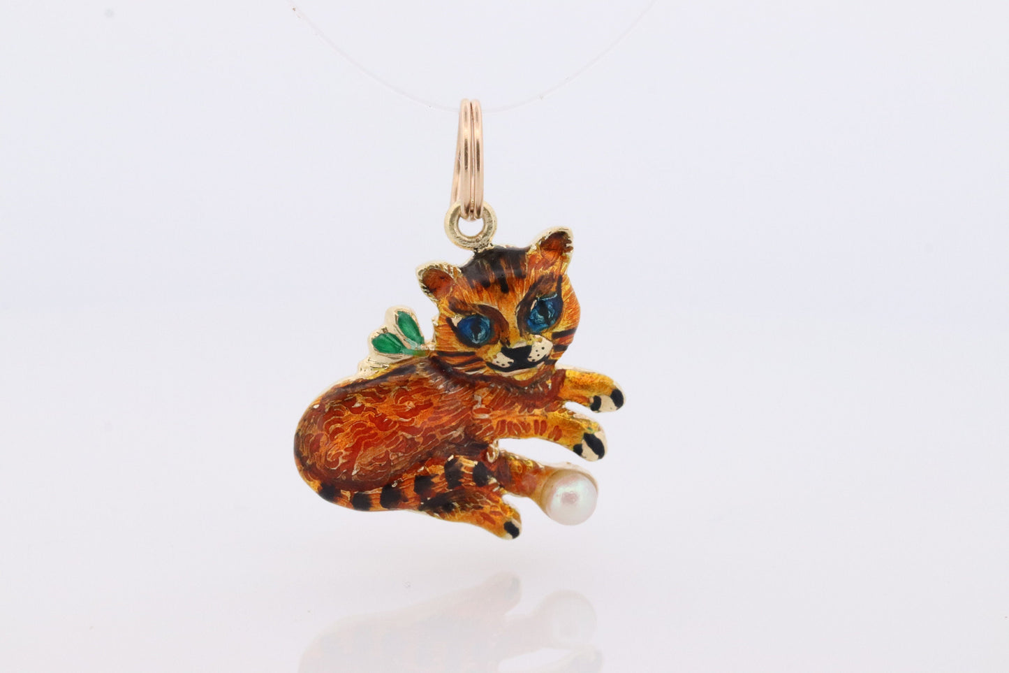 14k Cat Pendant. Enamel Detailed and Colorful Kitten with a pearl Pendant. Yellow Gold Playful Kitten Pendant. Kitten 14k Charm