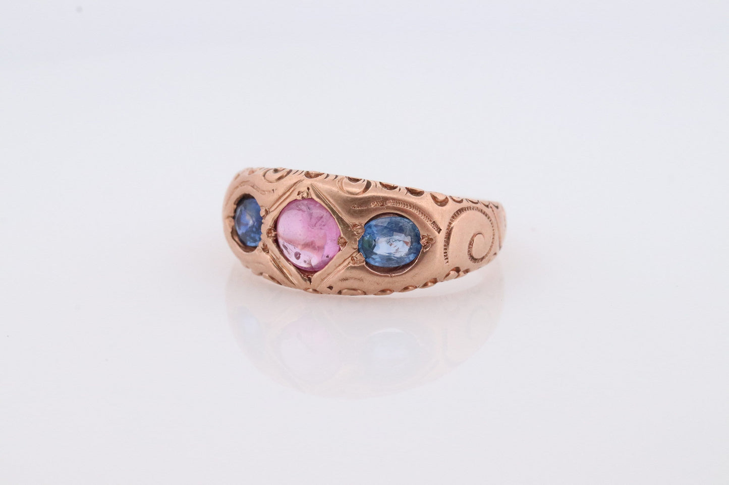 Antique 10k Triple Ruby Sapphire signet ring. Gypsy Cabochon Ruby bezel set into Signet band. 10k Gold Anniversary Three stone band ring
