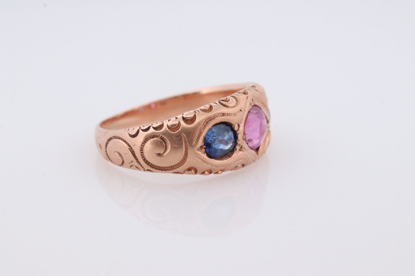 Antique 10k Triple Ruby Sapphire signet ring. Gypsy Cabochon Ruby bezel set into Signet band. 10k Gold Anniversary Three stone band ring