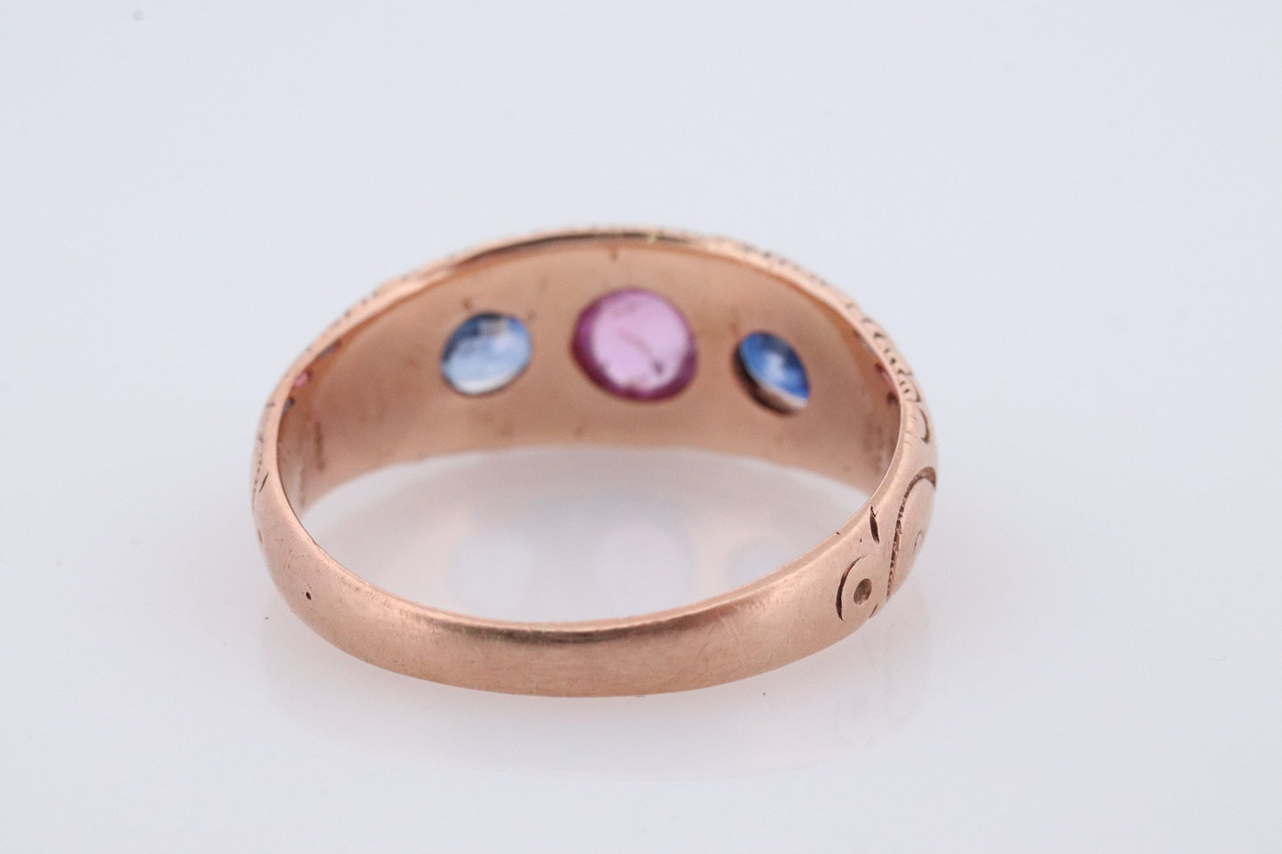 Antique 10k Triple Ruby Sapphire signet ring. Gypsy Cabochon Ruby bezel set into Signet band. 10k Gold Anniversary Three stone band ring