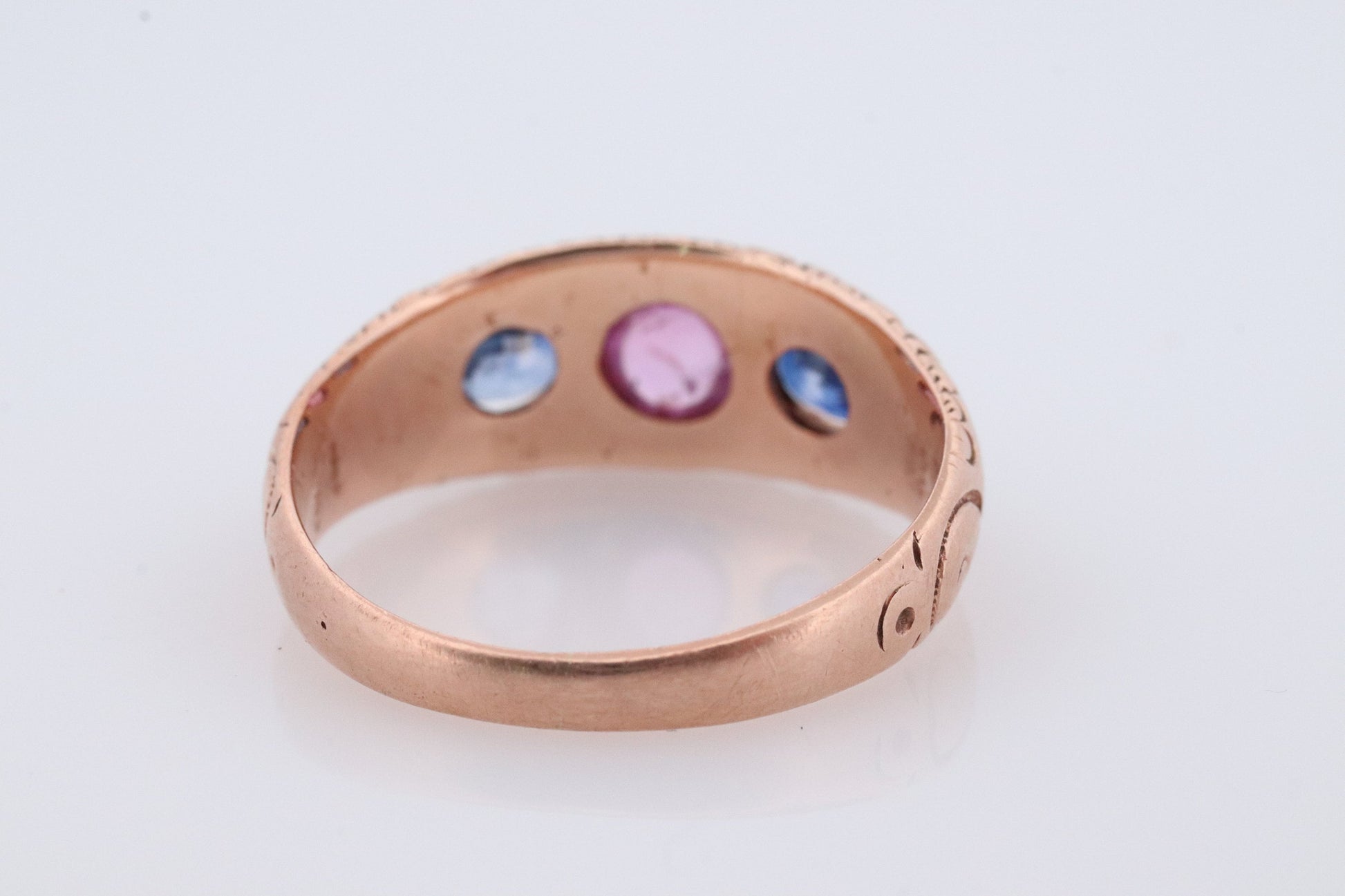 Antique 10k Triple Ruby Sapphire signet ring. Gypsy Cabochon Ruby bezel set into Signet band. 10k Gold Anniversary Three stone band ring