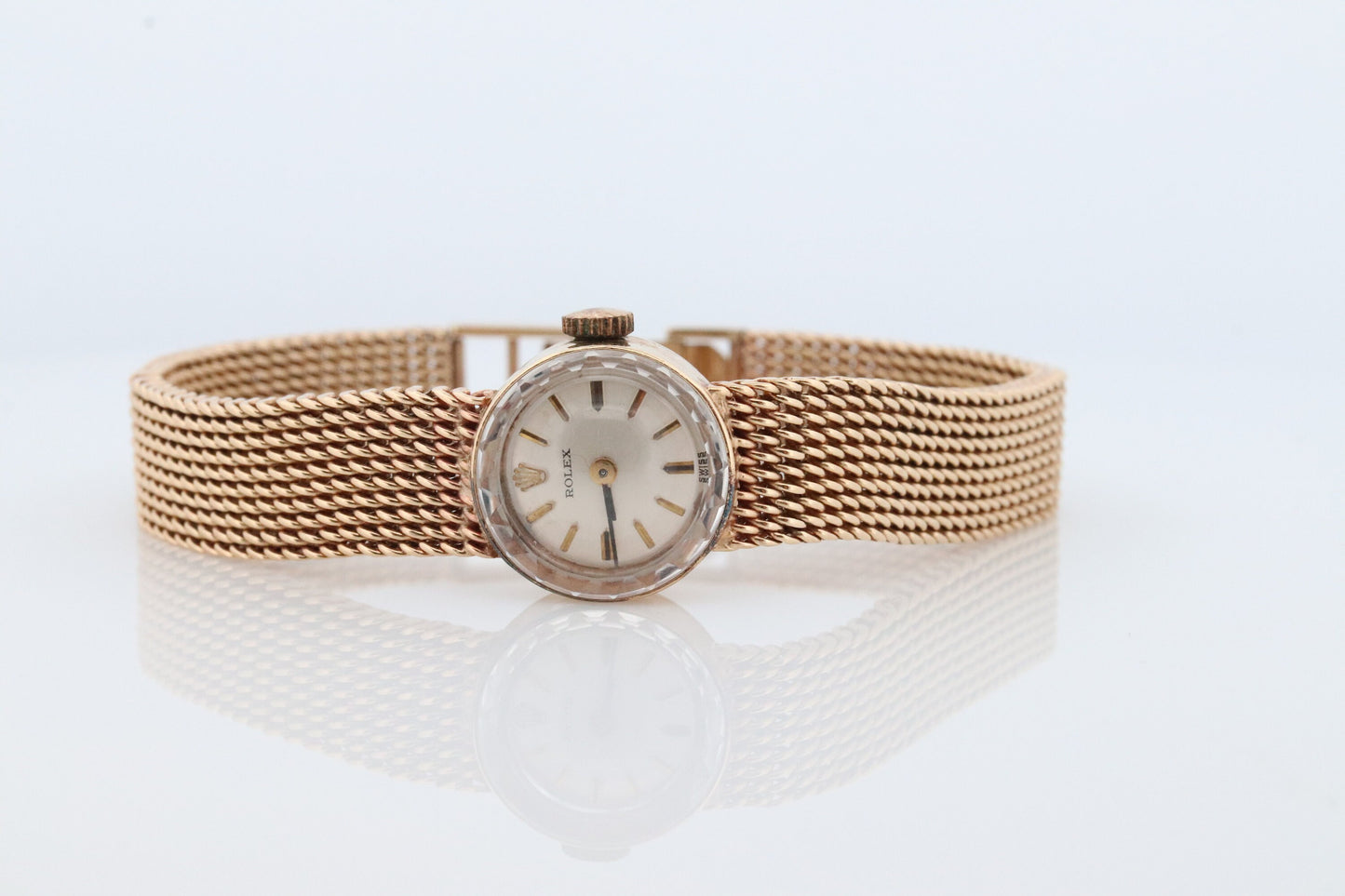 14k Rolex Women's Cocktail Watch. 14k Orchid Rolex with Yellows Gold Bracelet. 1400 Ladies Rolex Watch. Full Gold Rolex round wristwatch.