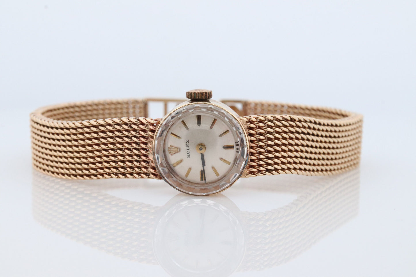 14k Rolex Women's Cocktail Watch. 14k Orchid Rolex with Yellows Gold Bracelet. 1400 Ladies Rolex Watch. Full Gold Rolex round wristwatch.