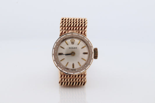 14k Rolex Women's Cocktail Watch. 14k Orchid Rolex with Yellows Gold Bracelet. 1400 Ladies Rolex Watch. Full Gold Rolex round wristwatch.