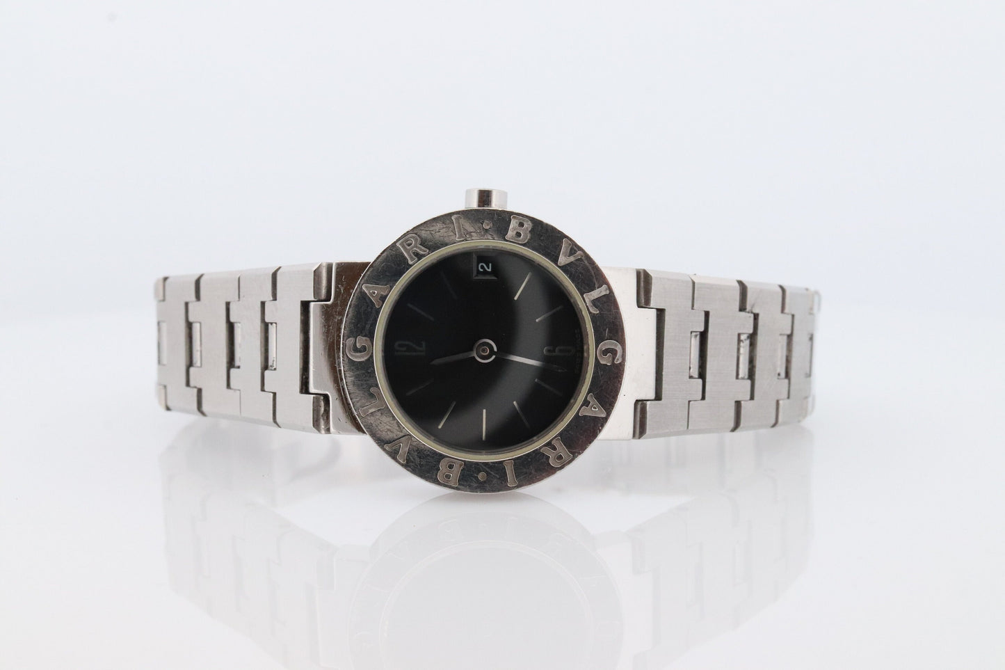 Vintage BVLGARI Watch. Bulgari BB 23 SS Stainless Steel Quartz Watch. Ladies Womens Luxury Watch. Black Dial.