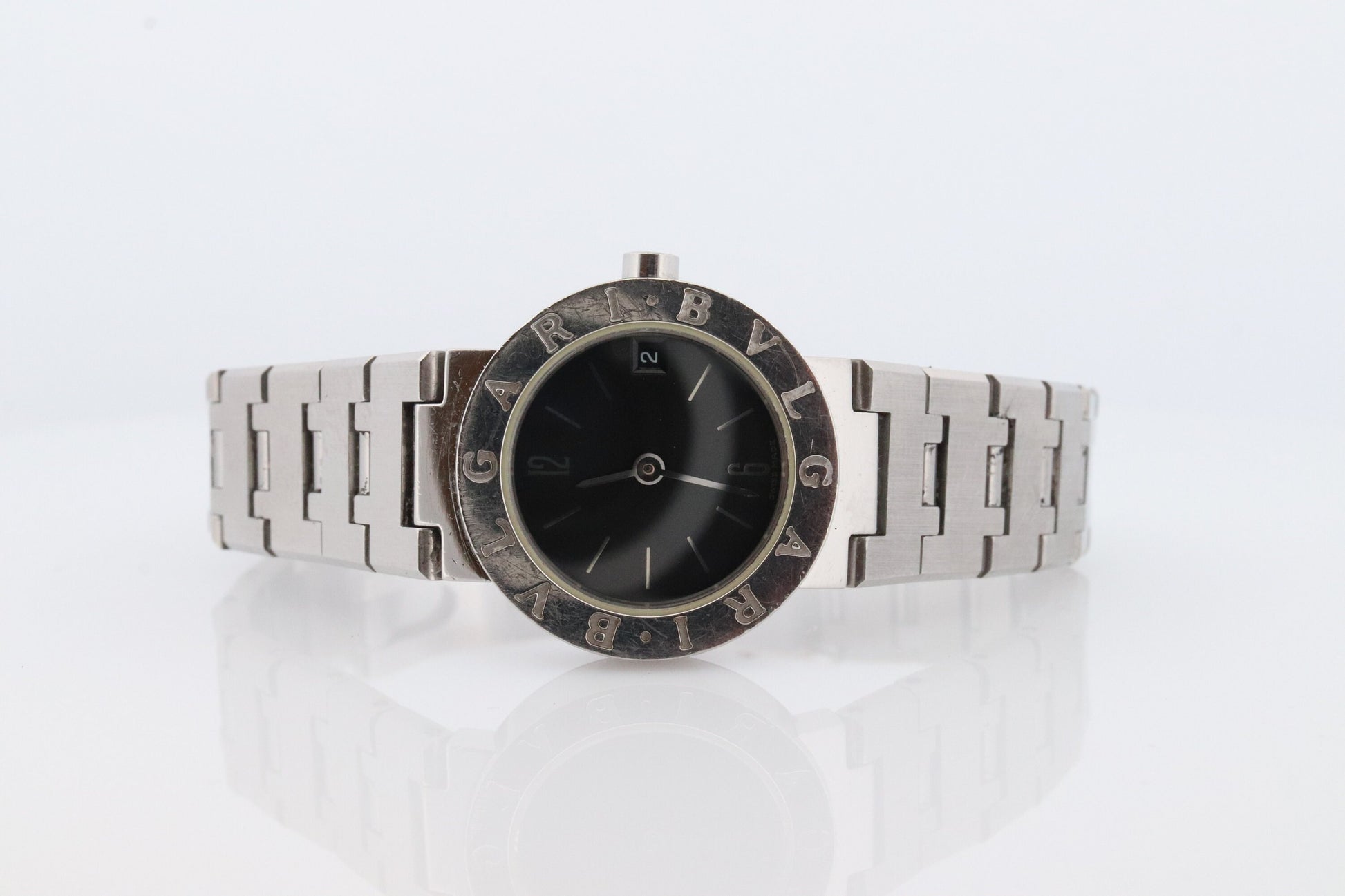 Vintage BVLGARI Watch. Bulgari BB 23 SS Stainless Steel Quartz Watch. Ladies Womens Luxury Watch. Black Dial.