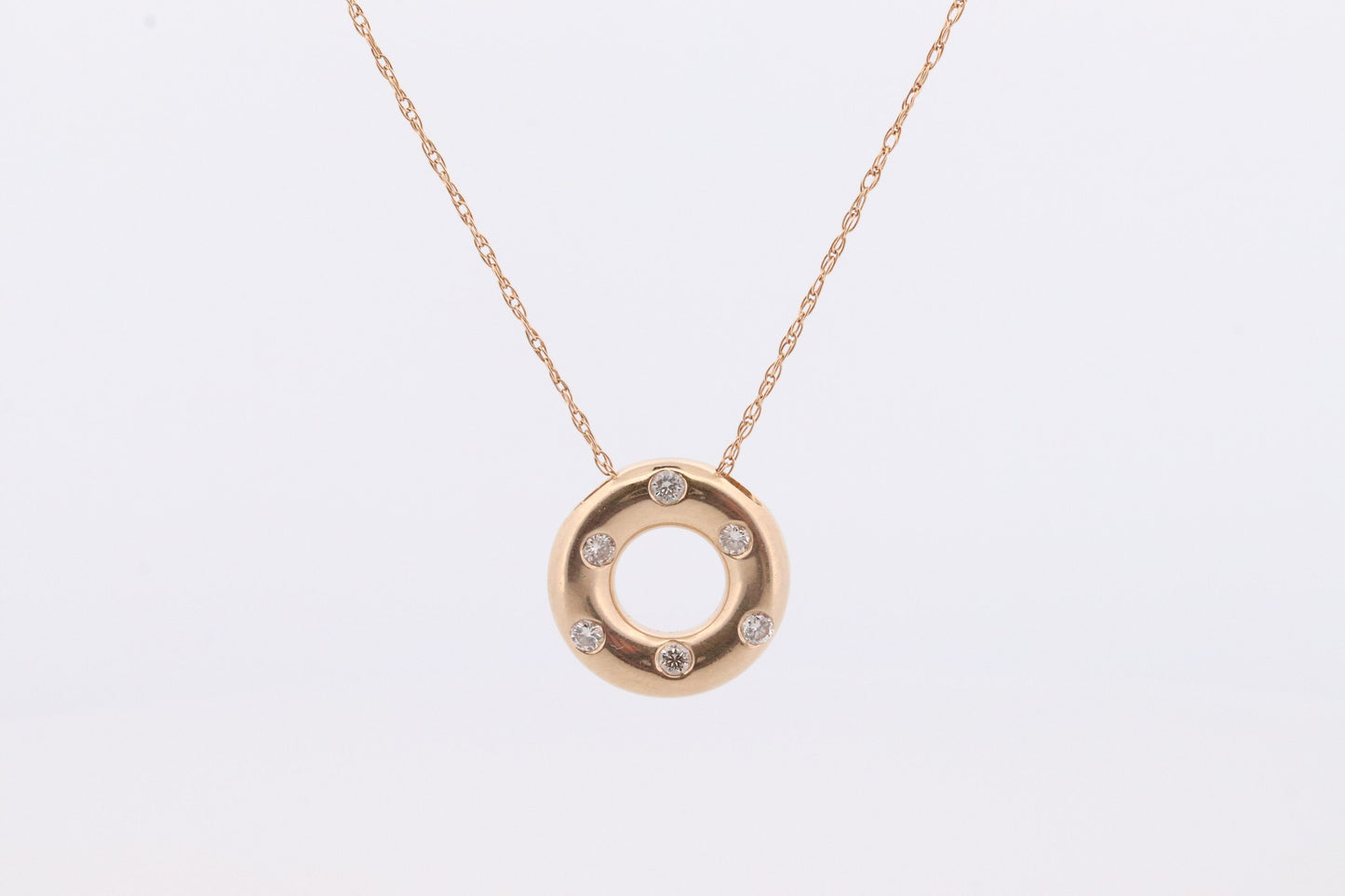 14K Diamond Circle of Life, Open Circle, Eternity Circle Diamond Pendant. Etoile Bezel Set Diamond Donut Disk Pendant Necklace.