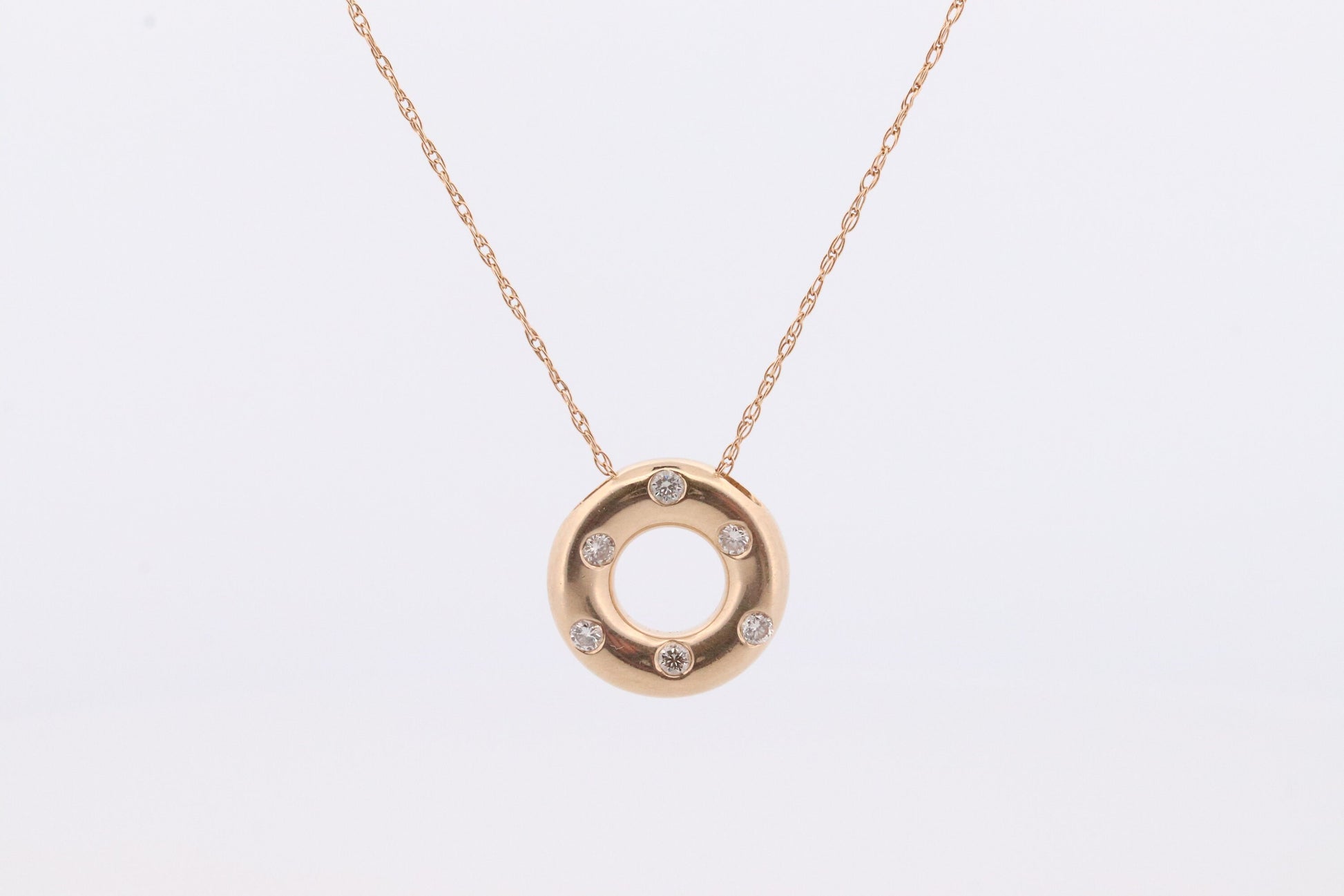 14K Diamond Circle of Life, Open Circle, Eternity Circle Diamond Pendant. Etoile Bezel Set Diamond Donut Disk Pendant Necklace.