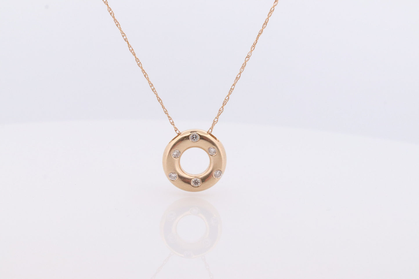 14K Diamond Circle of Life, Open Circle, Eternity Circle Diamond Pendant. Etoile Bezel Set Diamond Donut Disk Pendant Necklace.