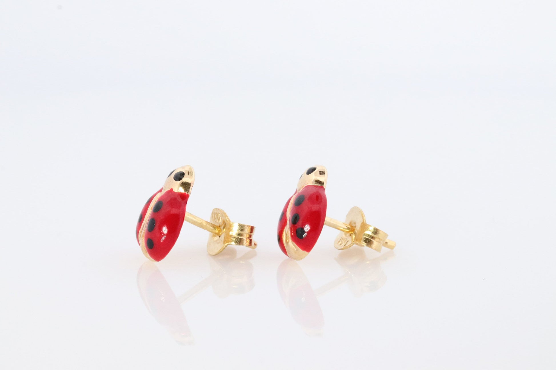 LADYBUG earrings. 14k Yellow Gold Enamel Painted Lady bug stud earring. Fun Ladybug studs.