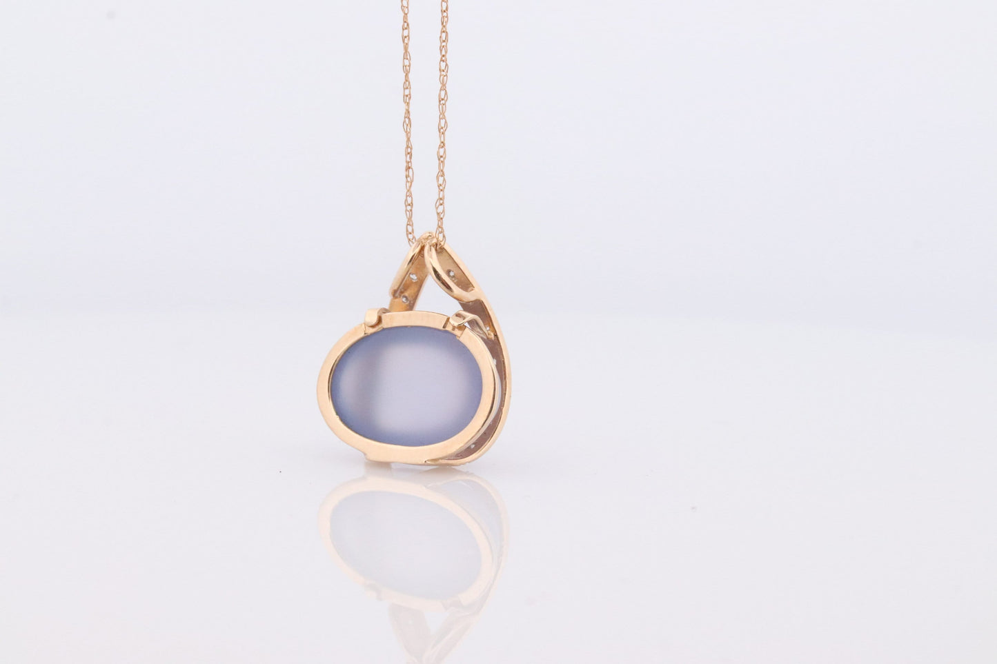 14k Chalcedony Cabochon Diamond Pendant. Necklace with tiny diamonds and Lavender Chalcedony Calcedony