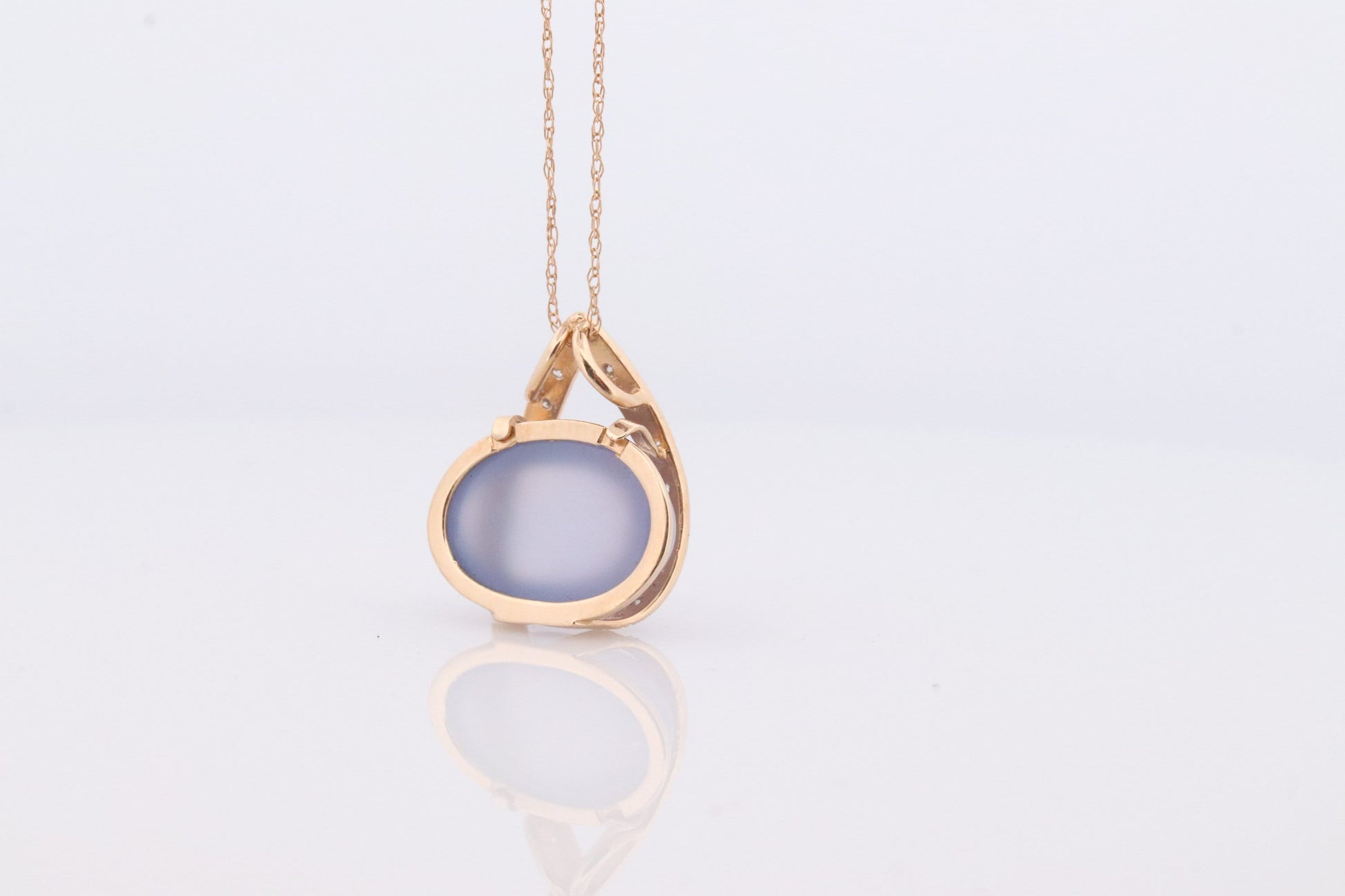 14k Chalcedony Cabochon Diamond Pendant. Necklace with tiny diamonds and Lavender Chalcedony Calcedony