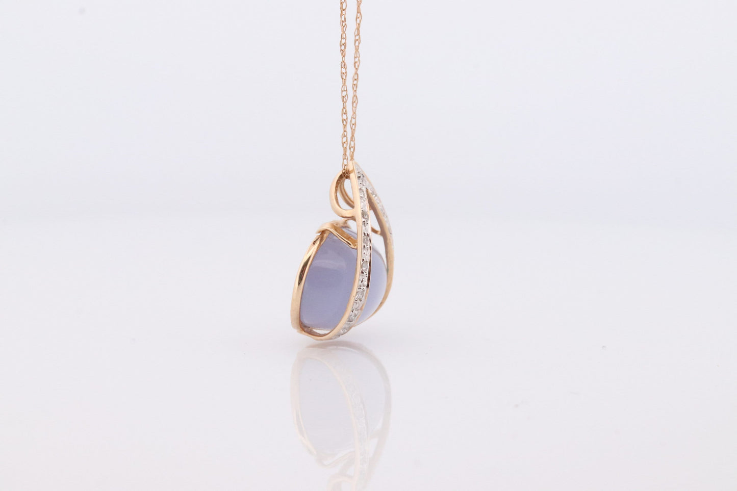 14k Chalcedony Cabochon Diamond Pendant. Necklace with tiny diamonds and Lavender Chalcedony Calcedony