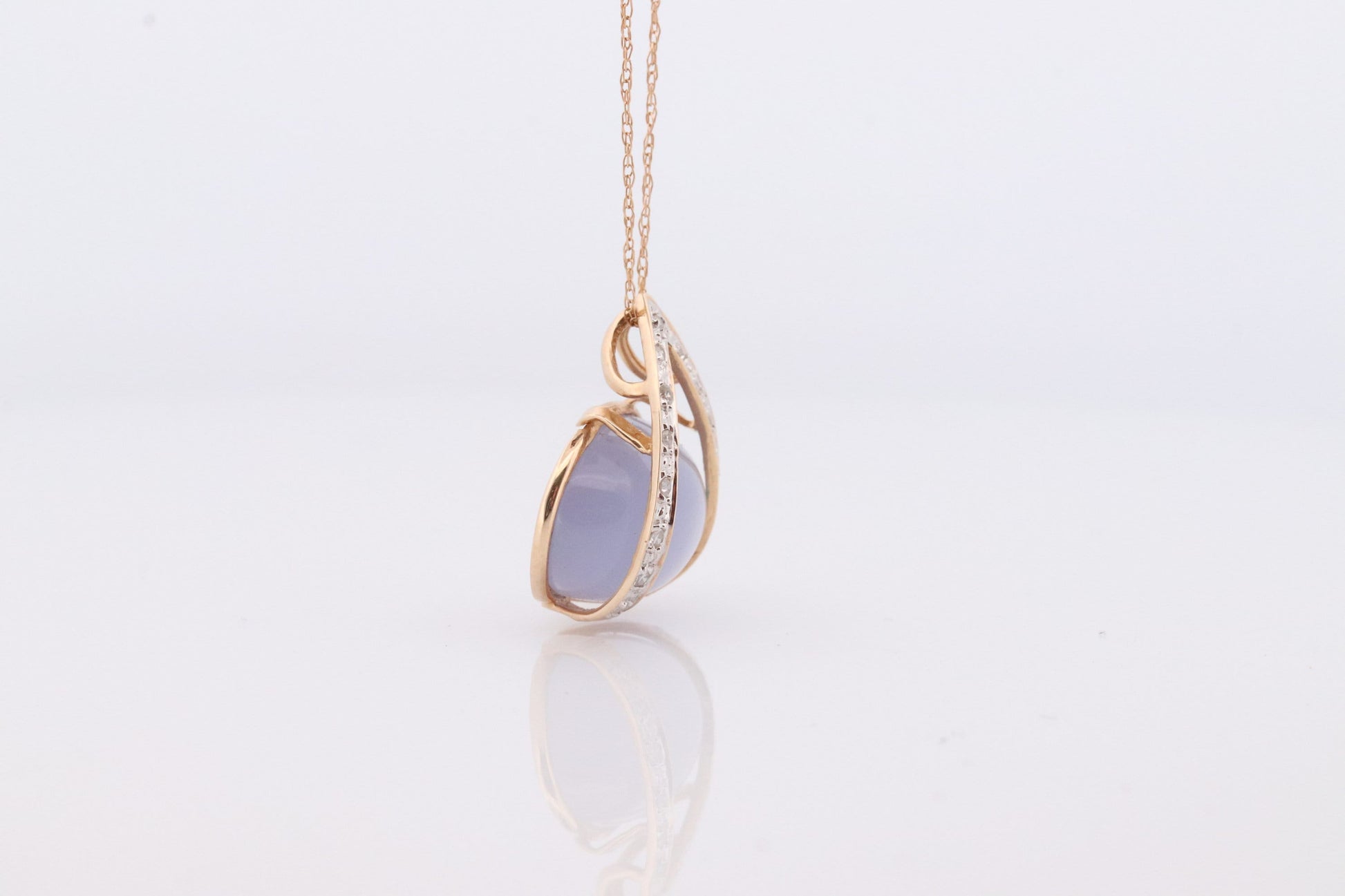 14k Chalcedony Cabochon Diamond Pendant. Necklace with tiny diamonds and Lavender Chalcedony Calcedony