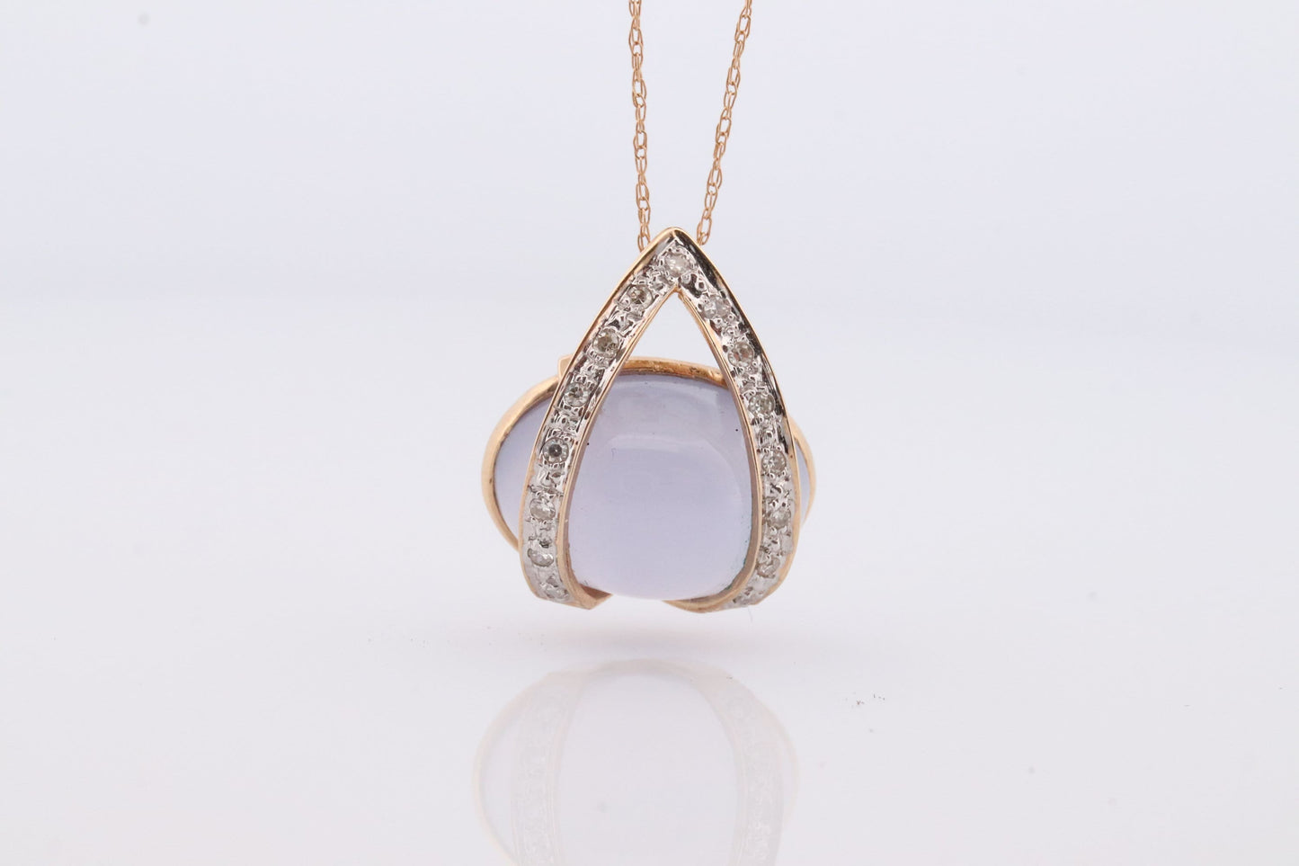 14k Chalcedony Cabochon Diamond Pendant. Necklace with tiny diamonds and Lavender Chalcedony Calcedony