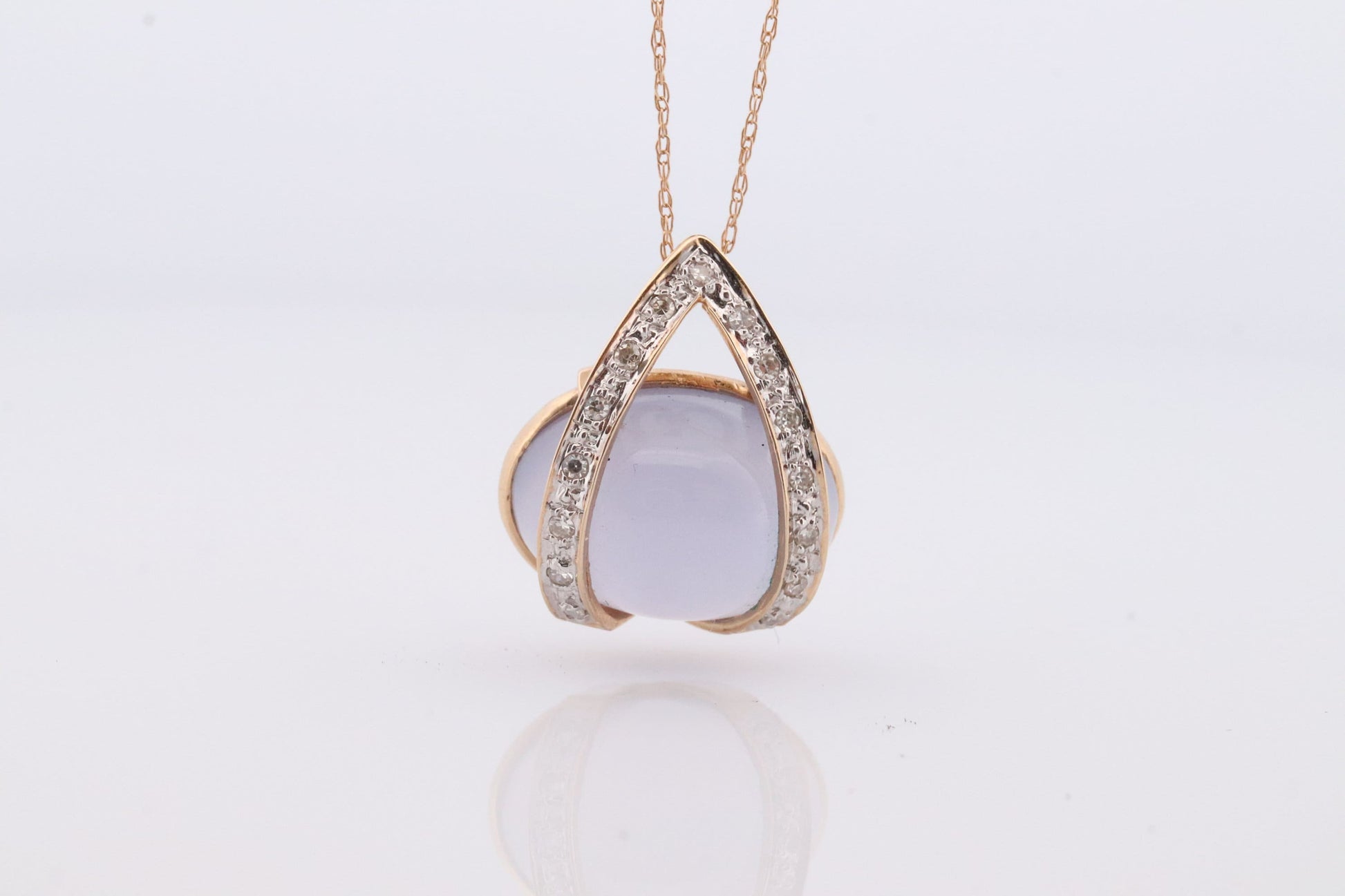 14k Chalcedony Cabochon Diamond Pendant. Necklace with tiny diamonds and Lavender Chalcedony Calcedony