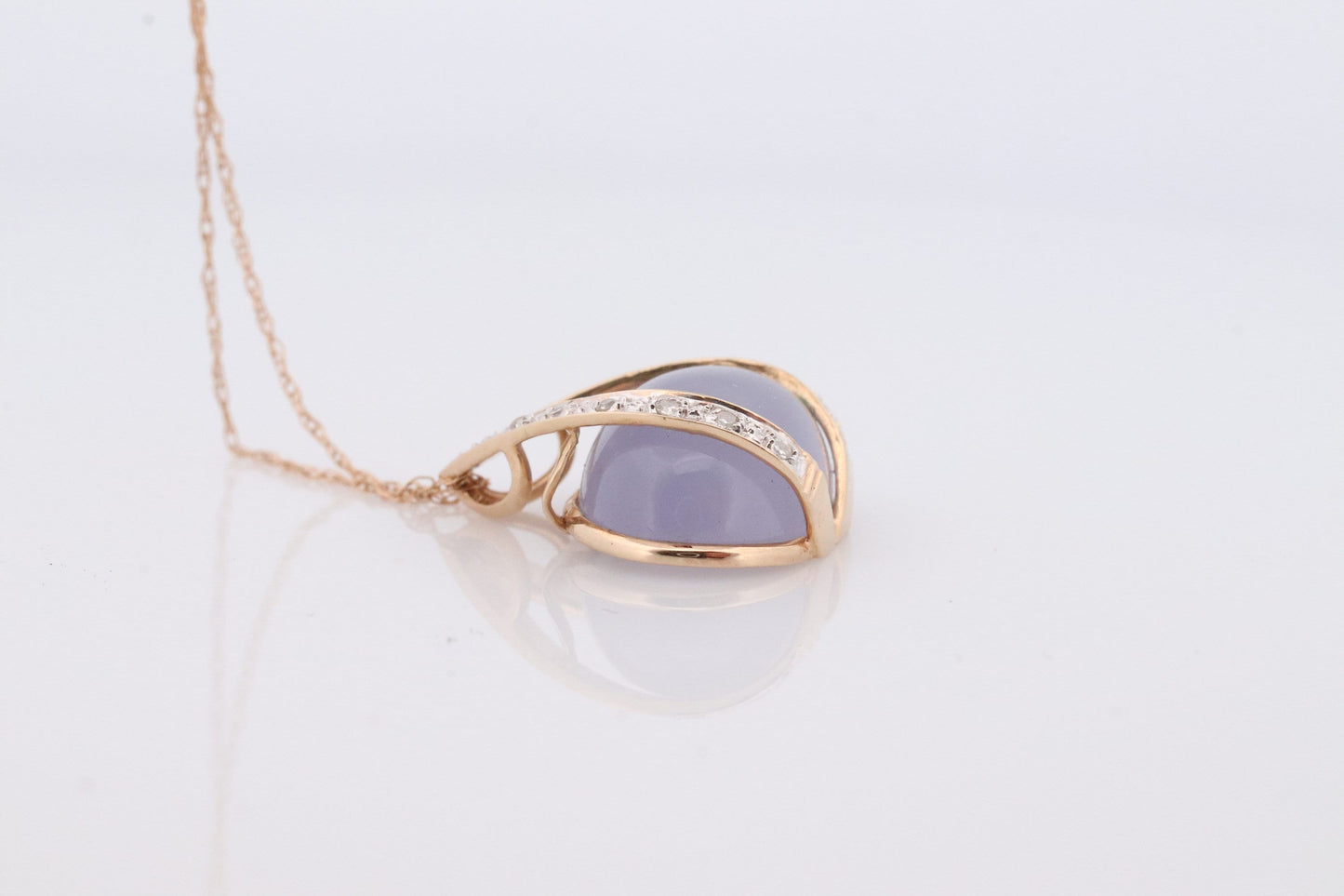 14k Chalcedony Cabochon Diamond Pendant. Necklace with tiny diamonds and Lavender Chalcedony Calcedony