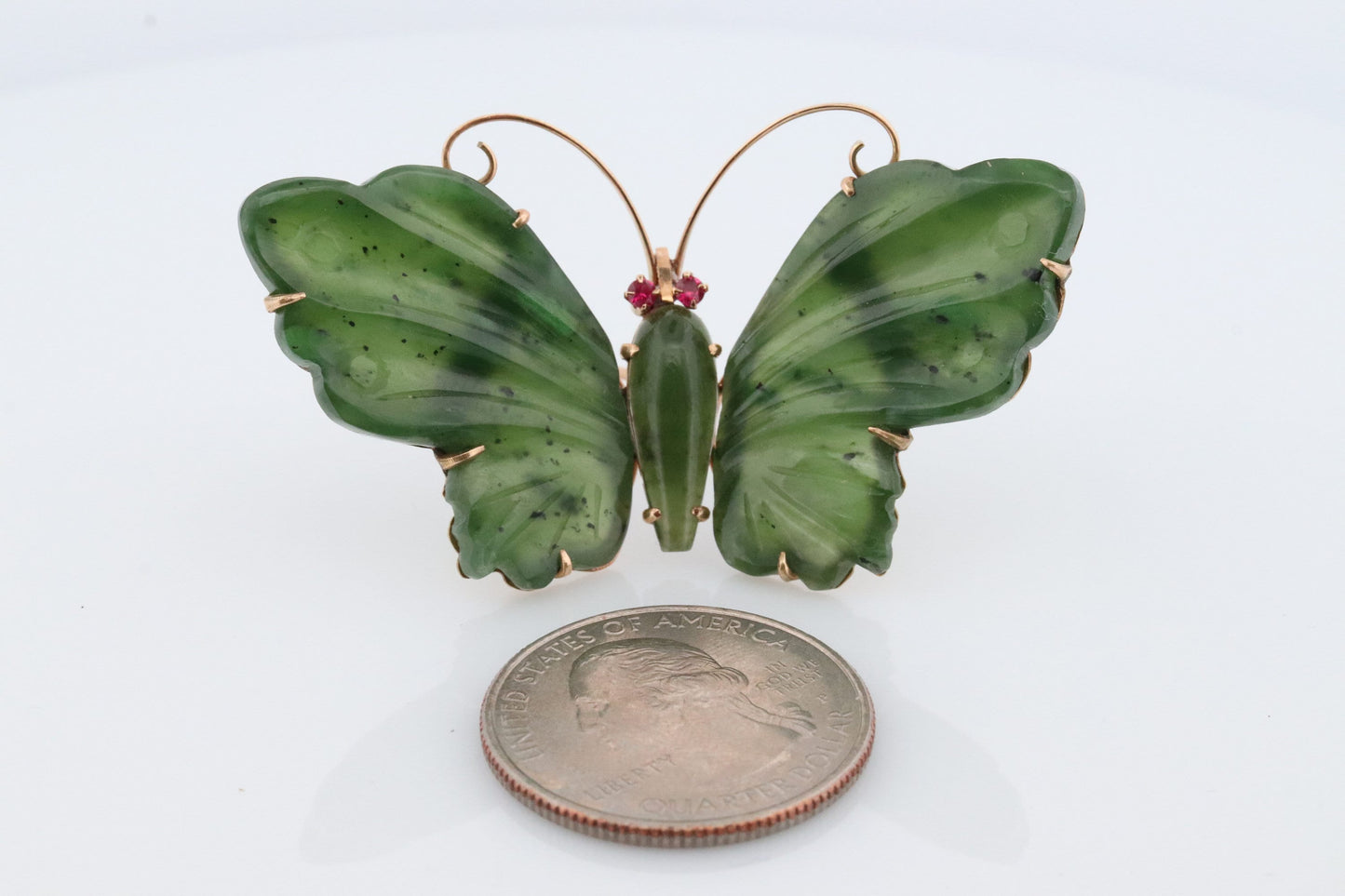 14k Butterfly Brooch. Green Jade Large Butterfly with Ruby Eyes. Natural Jade with Ruby eyes. 14k Jade Butterfly Brooch Pin.