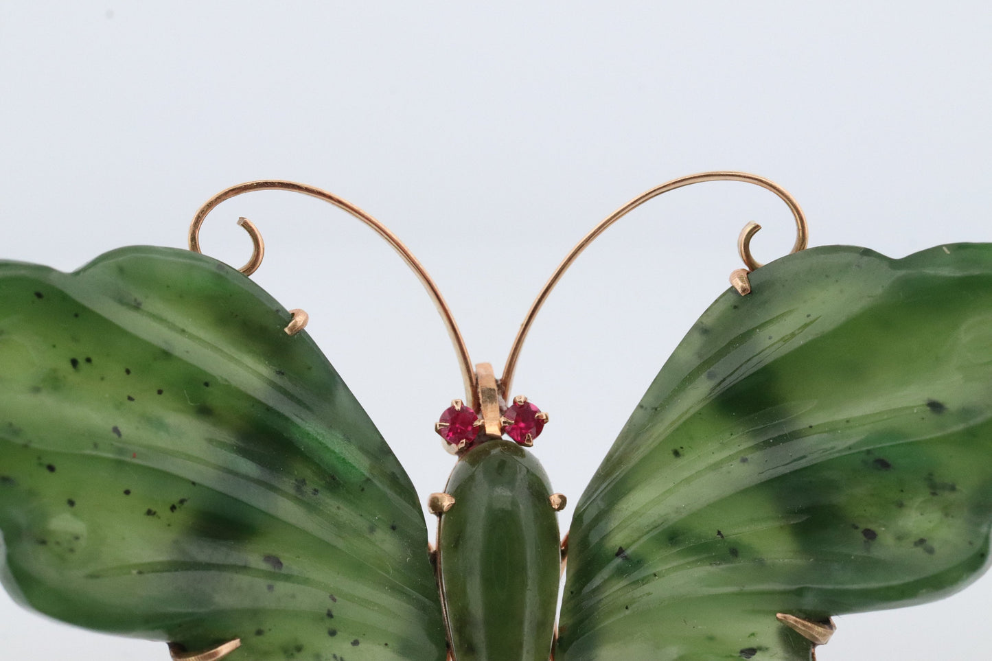 14k Butterfly Brooch. Green Jade Large Butterfly with Ruby Eyes. Natural Jade with Ruby eyes. 14k Jade Butterfly Brooch Pin.