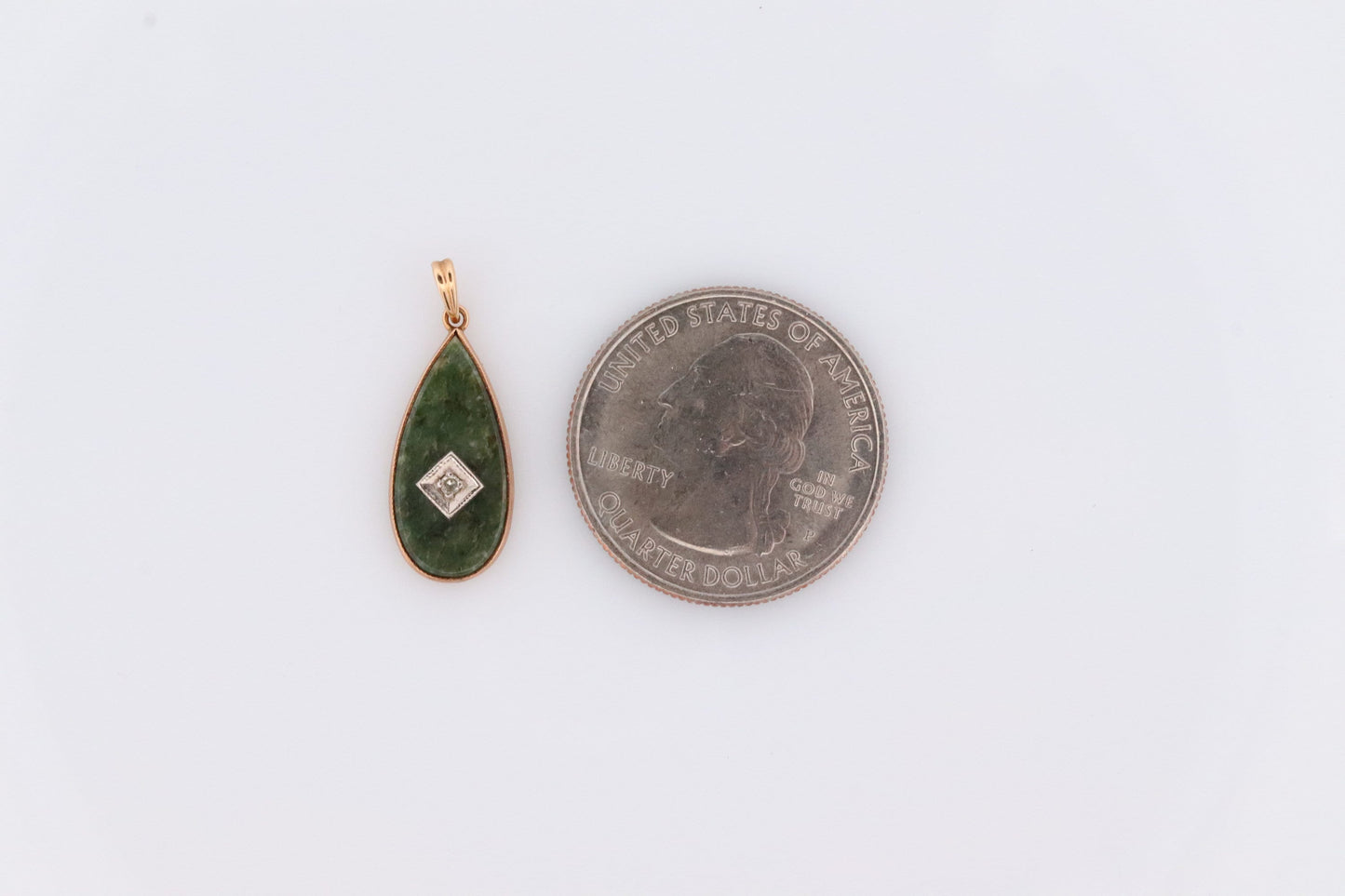 14k Jade and Diamond Pendant. Budlong, Docherty & Armstrong BDA Art Deco Tear Pendant for a necklace. Pear Jade Diamond Pendant.