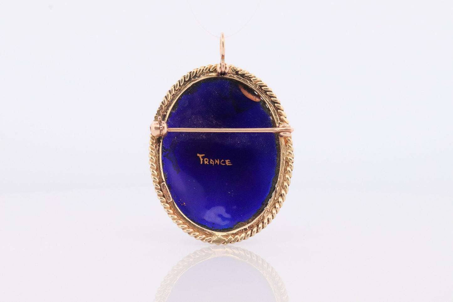 14k French Brooch Pendant. LIMOGES Woman portrait Enamel with 14k Yellow Gold Border. French Paillon.