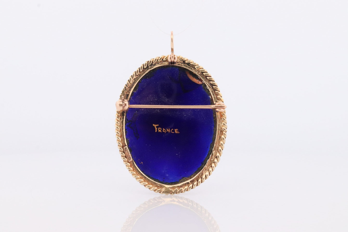14k French Brooch Pendant. LIMOGES Woman portrait Enamel with 14k Yellow Gold Border. French Paillon.