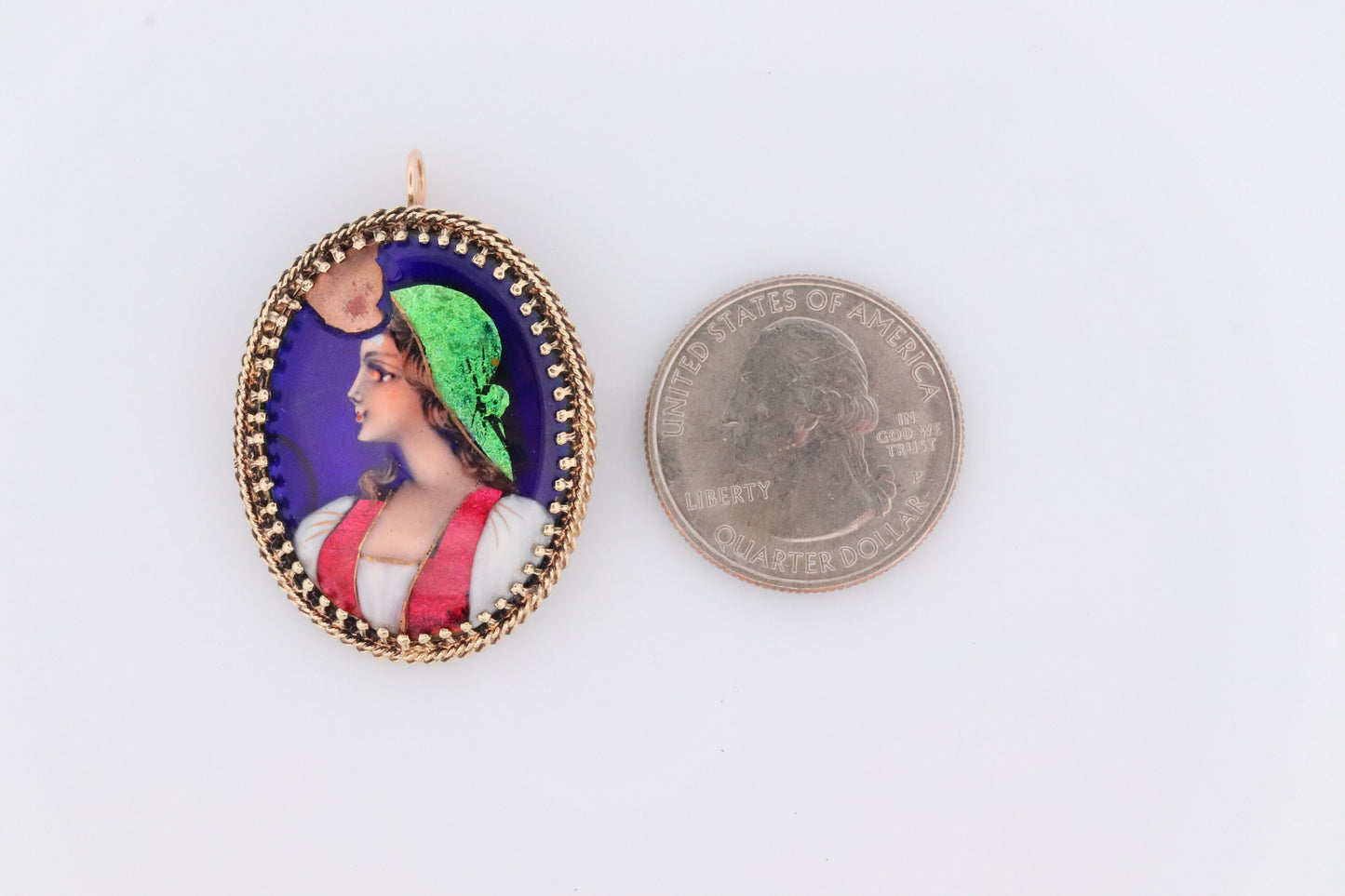 14k French Brooch Pendant. LIMOGES Woman portrait Enamel with 14k Yellow Gold Border. French Paillon.
