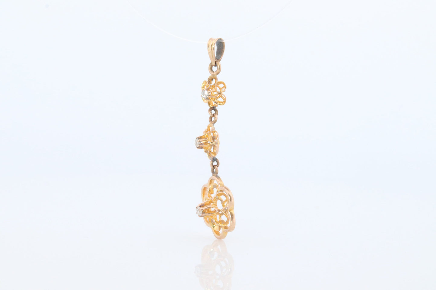 Antique Diamond pendant Buttercup setting. 14k Gold Triple diamond set buttercup. Art nouveau era.
