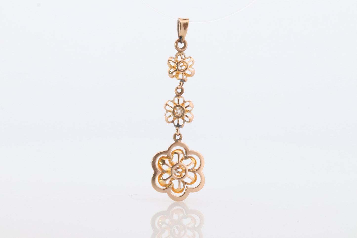 Antique Diamond pendant Buttercup setting. 14k Gold Triple diamond set buttercup. Art nouveau era.