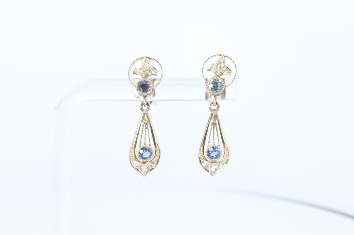 Antique 14k Blue Sapphire Dangle earrings. Blue Sapphire Princess Earrings. 14k Chandelier Earrings. Lavalier