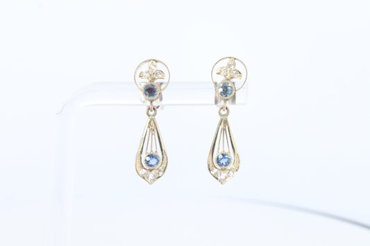 Antique 14k Blue Sapphire Dangle earrings. Blue Sapphire Princess Earrings. 14k Chandelier Earrings. Lavalier