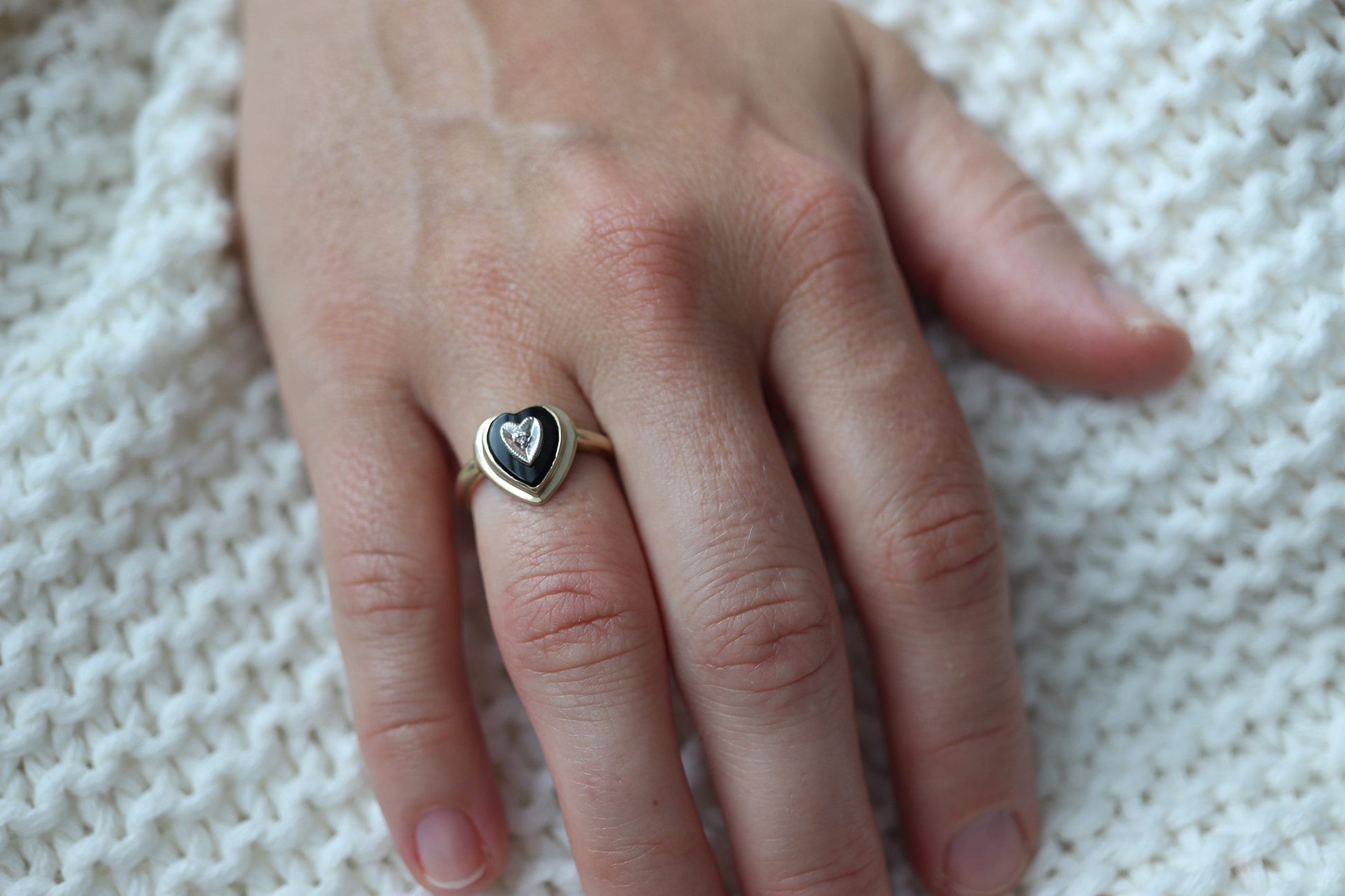 10k ONYX and diamond HEART ring. Heart Onyx bezel set victorian mourning ring. Mason 10k Ring.