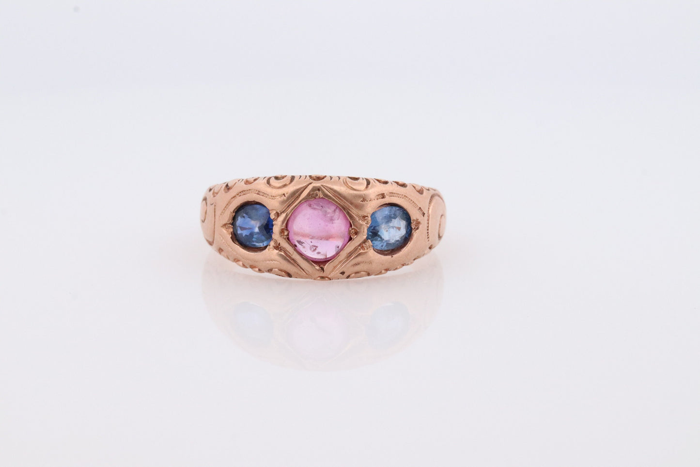 Antique 10k Triple Ruby Sapphire signet ring. Gypsy Cabochon Ruby bezel set into Signet band. 10k Gold Anniversary Three stone band ring