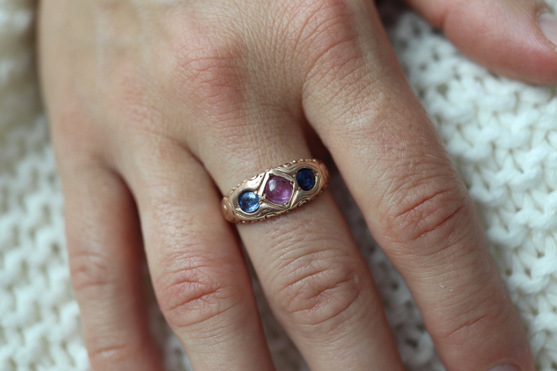 Antique 10k Triple Ruby Sapphire signet ring. Gypsy Cabochon Ruby bezel set into Signet band. 10k Gold Anniversary Three stone band ring