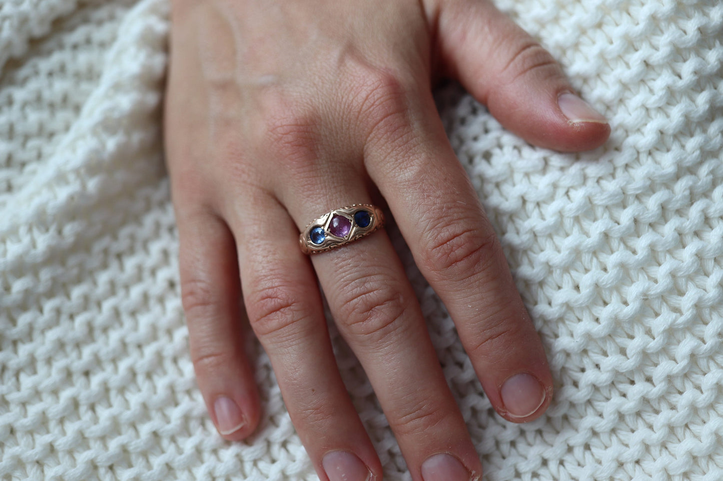 Antique 10k Triple Ruby Sapphire signet ring. Gypsy Cabochon Ruby bezel set into Signet band. 10k Gold Anniversary Three stone band ring