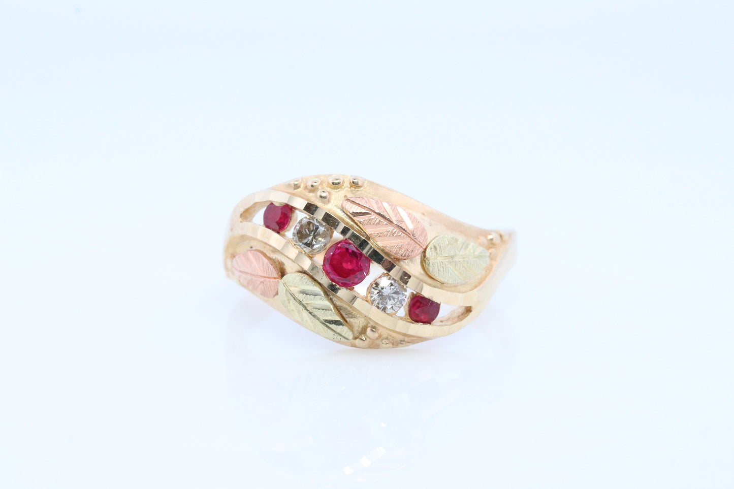 Black Hills Gold Ring. Diamond Ruby Ring. 10k Multi-Tone Gold. Black Hills Gold with alternating diamonds rubies Wedding Band Anniversary
