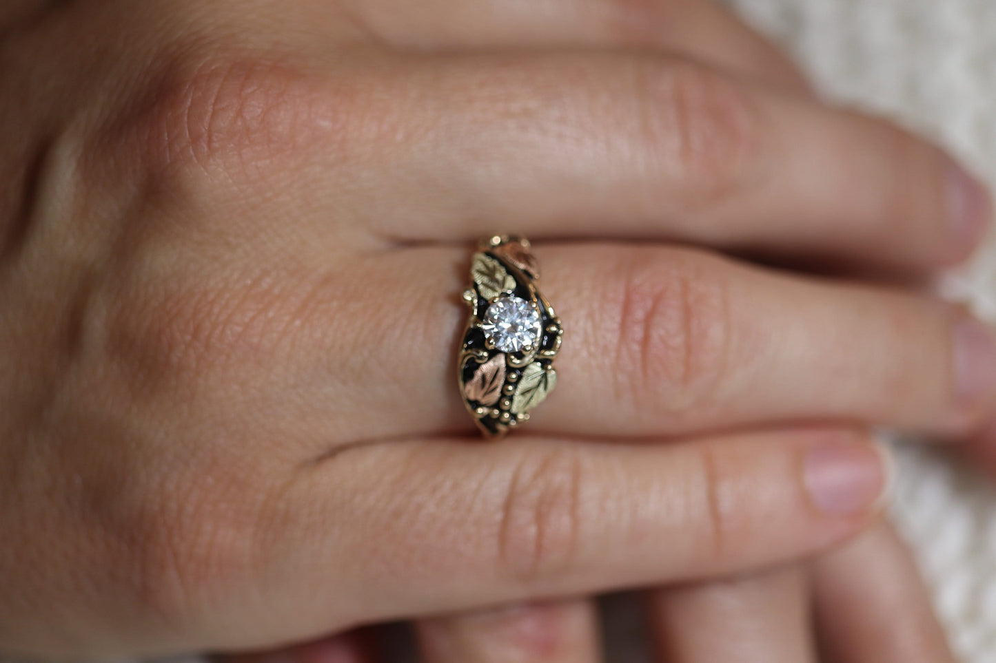 Black Hills Gold Vintage Diamond Ring. 1/2ct Diamond Solitaire Ring. 10k Multi-Tone Gold. Large Diamond Black Hills Gold Design