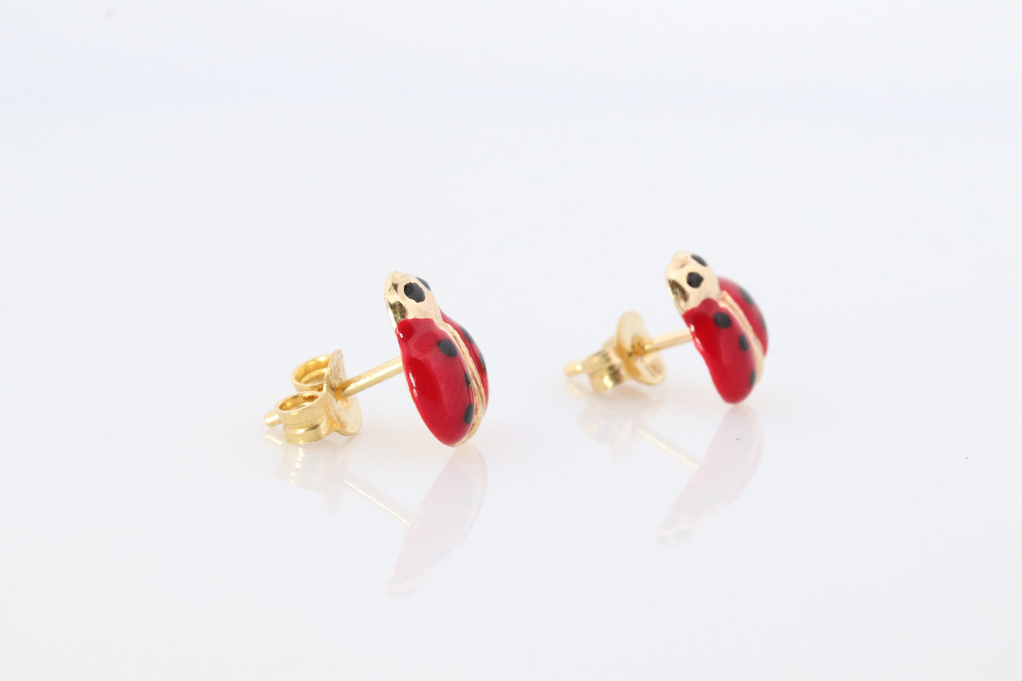 LADYBUG earrings. 14k Yellow Gold Enamel Painted Lady bug stud earring. Fun Ladybug studs.
