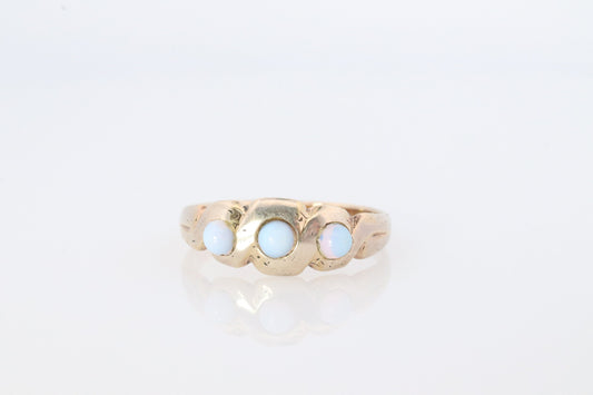 Gold Filled Victorian Opal ring. GF Yellow Gold with bezel set triple opalite cabochons.