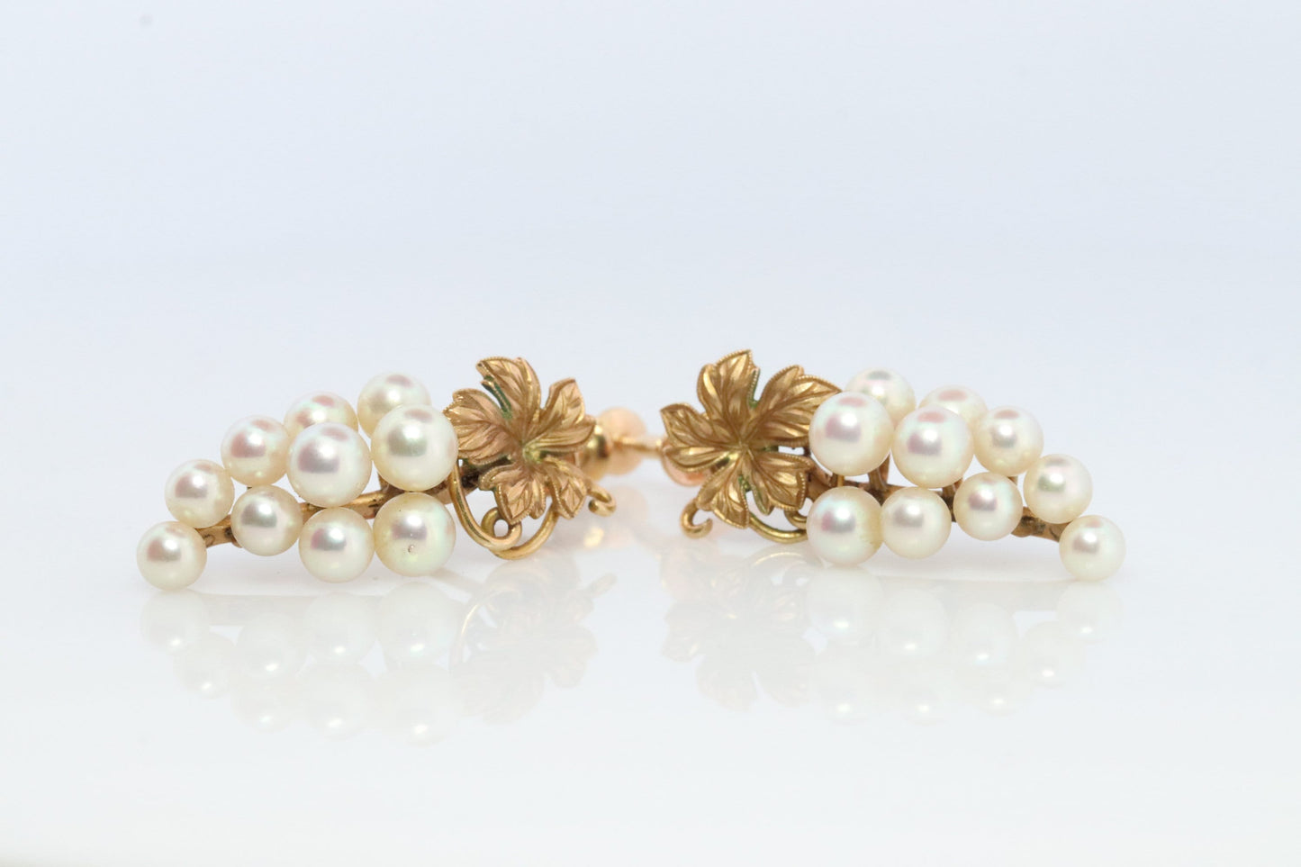 14k MIKIMOTO earrings. Vintage Mikimoto Akoya pearl screw back earrings. Grape vine bunch leaf unpierced clip earrings.