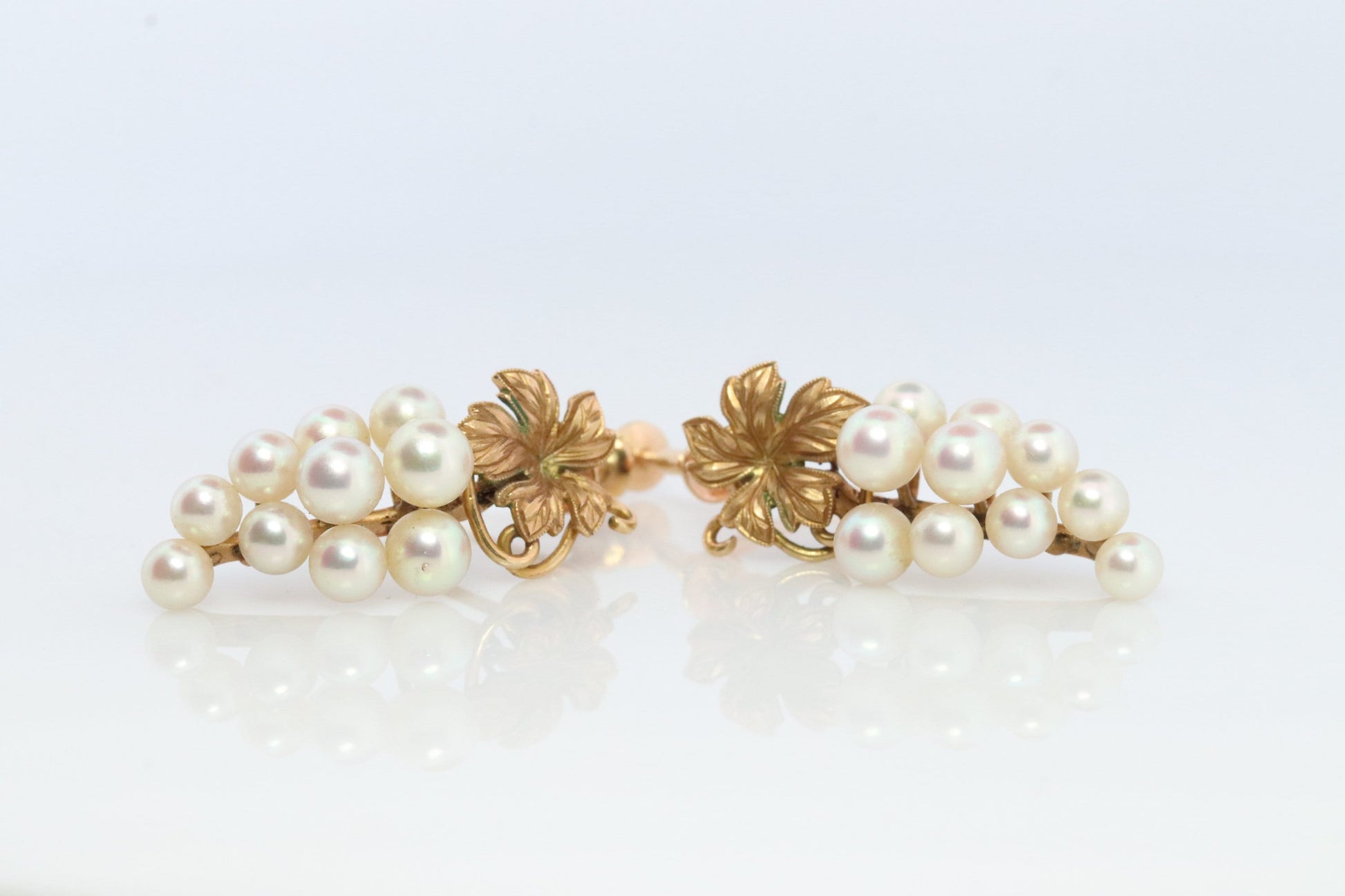 14k MIKIMOTO earrings. Vintage Mikimoto Akoya pearl screw back earrings. Grape vine bunch leaf unpierced clip earrings.