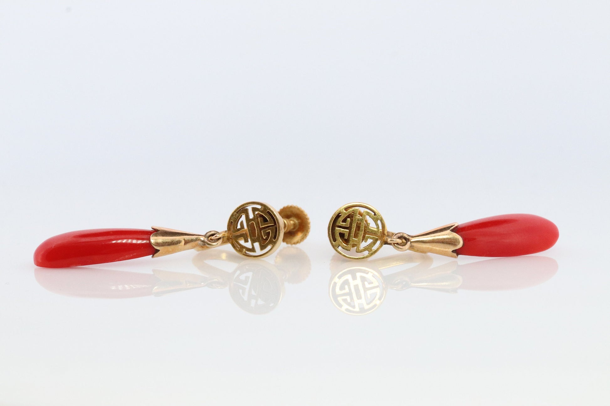 GUMP'S Coral Earrings. 14k Carved Coral Dangle Natural Coral. Chinese SHOU Coral Earrings. Vintage Gump's jewelry