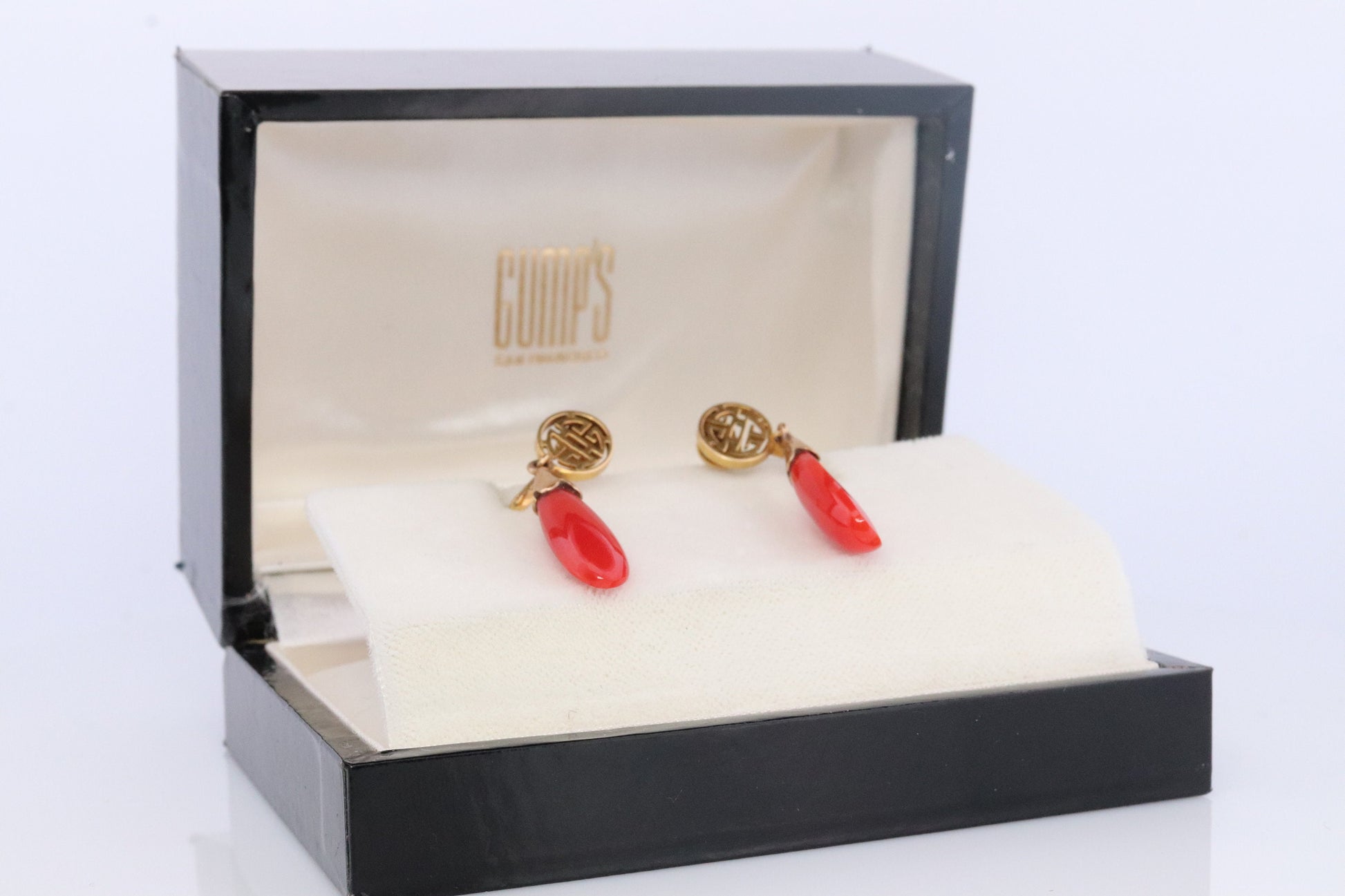 GUMP'S Coral Earrings. 14k Carved Coral Dangle Natural Coral. Chinese SHOU Coral Earrings. Vintage Gump's jewelry